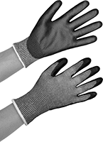 Image of ProductInUse. Style A. Front orientation. Gloves. Cut-Protection Clean Room Gloves, Polyurethane Rubber-Coated Polyethylene Fabric.