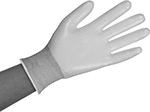 Image of ProductInUse. Style B. Front orientation. Gloves. Cut-Protection Clean Room Gloves, Nitrile-Coated Polyethylene Fabric.