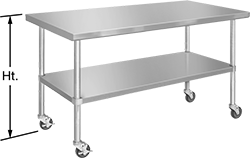 Image of Product. Front orientation. Contains Annotated. Tables. Stainless Steel Tables with Shelves, Style A, Rolling, Galvanized Steel Shelf.