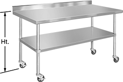Image of Product. Front orientation. Contains Annotated. Tables. Stainless Steel Tables with Shelves, Style C, Rolling, Galvanized Steel Shelf.