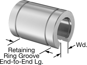 Image of Product. Front orientation. Contains Annotated. Fixed Alignment Ball Linear Bearing, for Support Rail Shafts, 440C Stainless Steel, for 20mm Shaft Diameter.