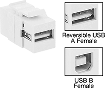 Image of Product. Front orientation. Contains Annotated, Inset, MultipleImages. USB Connectors. USB Adapters for Keystone Wall Plates, Straight Reversible USB-A Female × USB-B Female.