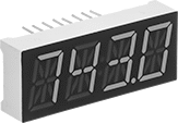 Image of Product. 14 Segment with 4 Characters. Front orientation. 1 5/8" Wide. LED Display Screens, 14 Segments per Character, Solder Connection, Pin-Terminal Wire Connection.