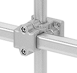 Image of Product. For Square to Round Rail. Front orientation. Aluminum. Heavy Duty Clamp-On Framing and Fittings, Easy Install, For Round Rails.