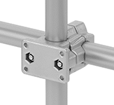 Image of ProductInUse. Flanged Crossover. Back orientation. Flanged Crossover. Heavy Duty Clamp-On Framing and Fittings, Connectors, For Round Rails.