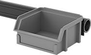 Image of ProductInUse. One Round Rail with Flange (Bin-Box Not Included). Front orientation. Round Rail with Flange. Clamp-On Framing and Fittings .