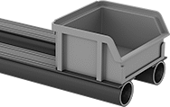Image of ProductInUse. Two Round Rails with Flanges (Bin-Box Not Included). Front orientation. Round Rail with Flange. Clamp-On Framing and Fittings .