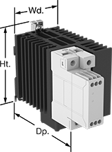 Image of Product. Relay with Integrated Heat Sink and Fan. Front orientation. Contains Annotated. Relays. DIN-Rail Mount Solid State Relays.