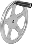 Image of Product. Front orientation. Hand Wheels. Unthreaded Through-Hole-Mount Spoked Hand Wheels, Dished Hand Wheels with Revolving Handle, 5 Spokes.