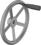 Image of Product. Front orientation. Hand Wheels. Unthreaded Through-Hole-Mount Spoked Hand Wheels, Dished Hand Wheels with Revolving Handle, 5 Spokes.