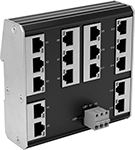 Image of Product. Front orientation. Ethernet Switches. Low-Profile DIN-Rail-Mount Ethernet Switches, 16 Sockets.