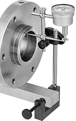 Image of ProductInUse. Shown Installed with Included Double-Ended Lever. Front orientation. Variance Indicators. Economy Continuous Dial Back Plunger Variance Indicators with Clamp-On Holder.