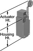 Image of Attribute. Style D. Front orientation. Contains Annotated. Limit Switches. Compact Safety Limit Switches, Roller Lever Actuator, Style D.