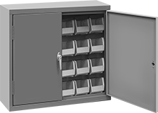 Image of Product. 24 Bins. Front orientation. Cabinets. Wall-Mount Bin-Box Cabinets, Stationary, Assembled, Total of 24 Bins.