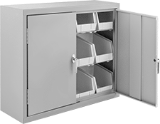 Image of Product. 12 Bins. Front orientation. Cabinets. Wall-Mount Bin-Box Cabinets, Stationary, Assembled, Total of 12 Bins.