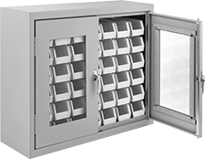 Image of Product. 42 Bins. Front orientation. Cabinets. Wall-Mount Bin-Box Cabinets with Clear-View Doors, Stationary, Assembled, Total of 42 Bins.