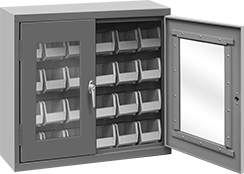 Image of Product. 24 Bins. Front orientation. Cabinets. Wall-Mount Bin-Box Cabinets with Clear-View Doors, Stationary, Assembled, Total of 24 Bins.