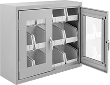 Image of Product. 12 Bins. Front orientation. Cabinets. Wall-Mount Bin-Box Cabinets with Clear-View Doors, Stationary, Assembled, Total of 12 Bins.