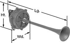 Image of Product. Front orientation. Contains Annotated. Audible Alarms. Trumpet-Style Horns, Electric, Aluminum, Brass.
