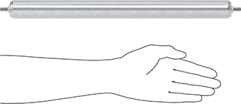 Image of Product. Side1 orientation. Contains SizingReference. Small-Diameter Conveyor Roller, 1-3/8" Diameter, Galvanized Steel, for 17" Between Frame Width.