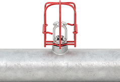 Image of ProductInUse. Hook-On Mount Shown Installed. Side1 orientation. Fire Sprinkler Head Guards. Fire Sprinkler Head Guards, Hook On.