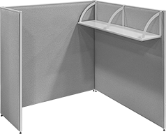 Image of System. Three Wall Panels with Shelf. Front orientation. Partition Panels. Fabric Partition Panels.