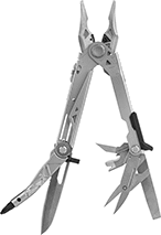 Image of Product. Shown Open with Pliers. Front orientation. Multitools. Multitools with Slide-Out Spring-Action Pliers.