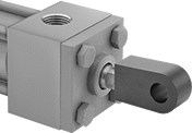 Image of ProductInUse. Rod End Installed on Hydraulic Cylinder. Front orientation. Hydraulic Cylinder Mounts. Hydraulic Cylinder Flat-Shoulder Rod Ends.