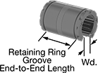 Image of Product. Front orientation. Contains Annotated. Linear Bearings. High-Load Linear Ball Bearings for Support Rail Shafts, Self-Aligning, With Retaining Ring Grooves.