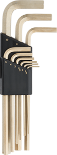 Image of Product. Gold with Plastic Caddy. Front orientation. Gold-Painted Alloy Steel Hex L-Key, 9-Piece Set, Long Length, Metric Sizes.