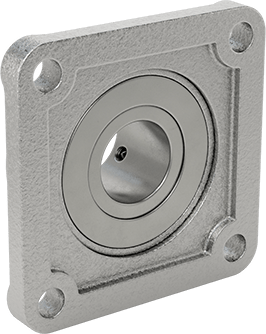 Image of Product. Back orientation. Mounted Ball Bearing with Nickel-Plated Iron Housing, Four-Bolt Flange, Set Screw Mount, for 1-1/2" Shaft Diameter.