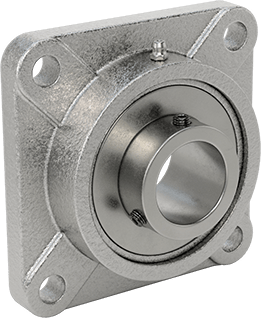 Image of Product. Front orientation. Mounted Ball Bearing with Nickel-Plated Iron Housing, Four-Bolt Flange, Set Screw Mount, for 1-1/2" Shaft Diameter.