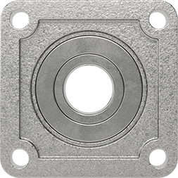 Image of Product. Back orientation. Mounted Ball Bearing with Nickel-Plated Iron Housing, Four-Bolt Flange, Set Screw Mount, for 1-1/2" Shaft Diameter.