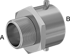 Image of Product. Front orientation. Contains Annotated. Reducing-Adapter Fitting. Pin-Lug Fire-Fighting Hose Fittings, NH/NST Thread, Female, Male, Swivels Until Tightened, NPT Thread.