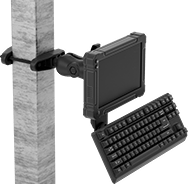 Image of ProductInUse. Clamp-On Rectangular-Bar Mount Shown Installed. Front orientation. Positioning Arms. Monitor and Keyboard Positioning Arms , Clamp-On Rectangular-Bar Mount with Plate Attaching End.