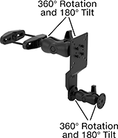 Image of Product. Front orientation. Contains Annotated. Positioning Arms. Monitor and Keyboard Positioning Arms , Clamp-On Rectangular-Bar Mount with Plate Attaching End.