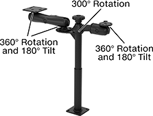 Image of Product. Front orientation. Contains Annotated. Positioning Arms. Monitor and Keyboard Positioning Arms , Screw-On Bench-Top Mount with Plate Attaching End.