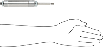 Image of Product. Side1 orientation. Contains SizingReference. Round Body Air Cylinder Mount, Double-Acting, Universal Mount, 1-1/16" Bore, 2" Stroke Length .