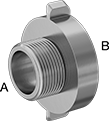 Image of Product. Front orientation. Contains Annotated. Fire Hose and Fittings. Rocker-Lug Fire-Fighting Hose Fittings , Threaded Fitting Connection, Straight, NH/NST Thread, Reducing-Adapter Fitting, Female, Male.