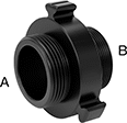 Image of Product. Front orientation. Contains Annotated. Fire Hose and Fittings. Rocker-Lug Fire-Fighting Hose Fittings , Straight, Threaded Fitting Connection, NPT Thread, Reducing-Adapter Fitting, NH/NST Thread, Male.
