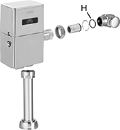 Image of System. Front orientation. Exploded view. Contains Annotated. Flush Valve Replacement Parts. TOTO Flush Valve Replacement Parts, Control Stop and Tailpiece Components.