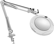 Image of Product. Front orientation. Round Lens. Illuminated Clamp-On Workstation Magnifiers, LED Bulb, Open Spring.