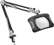 Image of Product. Front orientation. Rectangular Lens. Illuminated Clamp-On Workstation Magnifiers, LED Bulb, Open Spring.