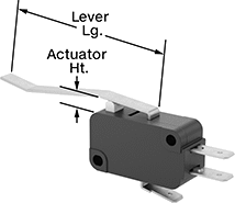 Image of Attribute. Front orientation. Contains Annotated. Snap-Acting Switches. Light-Touch Miniature Snap-Acting Switches, Angled Lever Actuator Style.