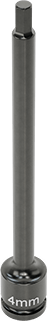 Image of Product. Bottom orientation. Long-Reach Impact Hex Bit Socket, 1/4" Square Drive, 4 mm Drive Size, 4" Overall Length.