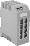 Image of Product. Front orientation. Ethernet Switches. Device-Prioritizing DIN-Rail-Mount Ethernet Switches, Ethernet Switches with Port Mirroring, 8 Sockets.