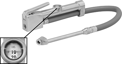 Image of Product. Front orientation. Contains Inset. Tire Gauge, Magnifying Lens, 2 Angled Heads, 0.305"-32 Outlet.