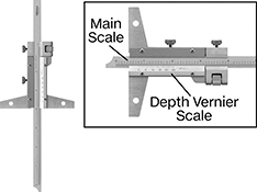 Image of Product. Gauge. Front orientation. Contains Annotated, Inset. Depth Gauges. Mitutoyo Vernier Depth Gauges, Vernier Scale.