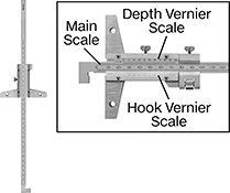 Image of Product. Gauge with Hook End. Front orientation. Contains Annotated, Inset. Depth Gauges. Mitutoyo Vernier Depth Gauges, Vernier Scale, Hook End.