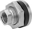 Image of Product. Front orientation. Pipe and Fittings. Low-Pressure Stainless Steel Threaded Pipe Fittings, Through-Wall Straight Connectors with Gasket, Threaded Fitting Connection, Female, Hex Body.